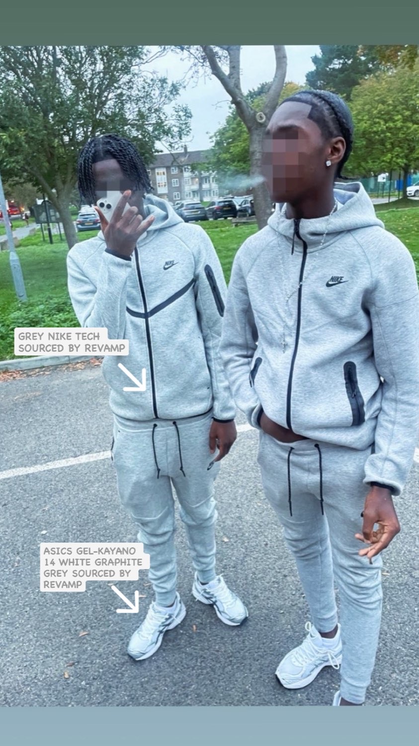 Two clients in grey Nike Tech fleece tracksuits and Asics Gel-Kayano 14 sneakers
