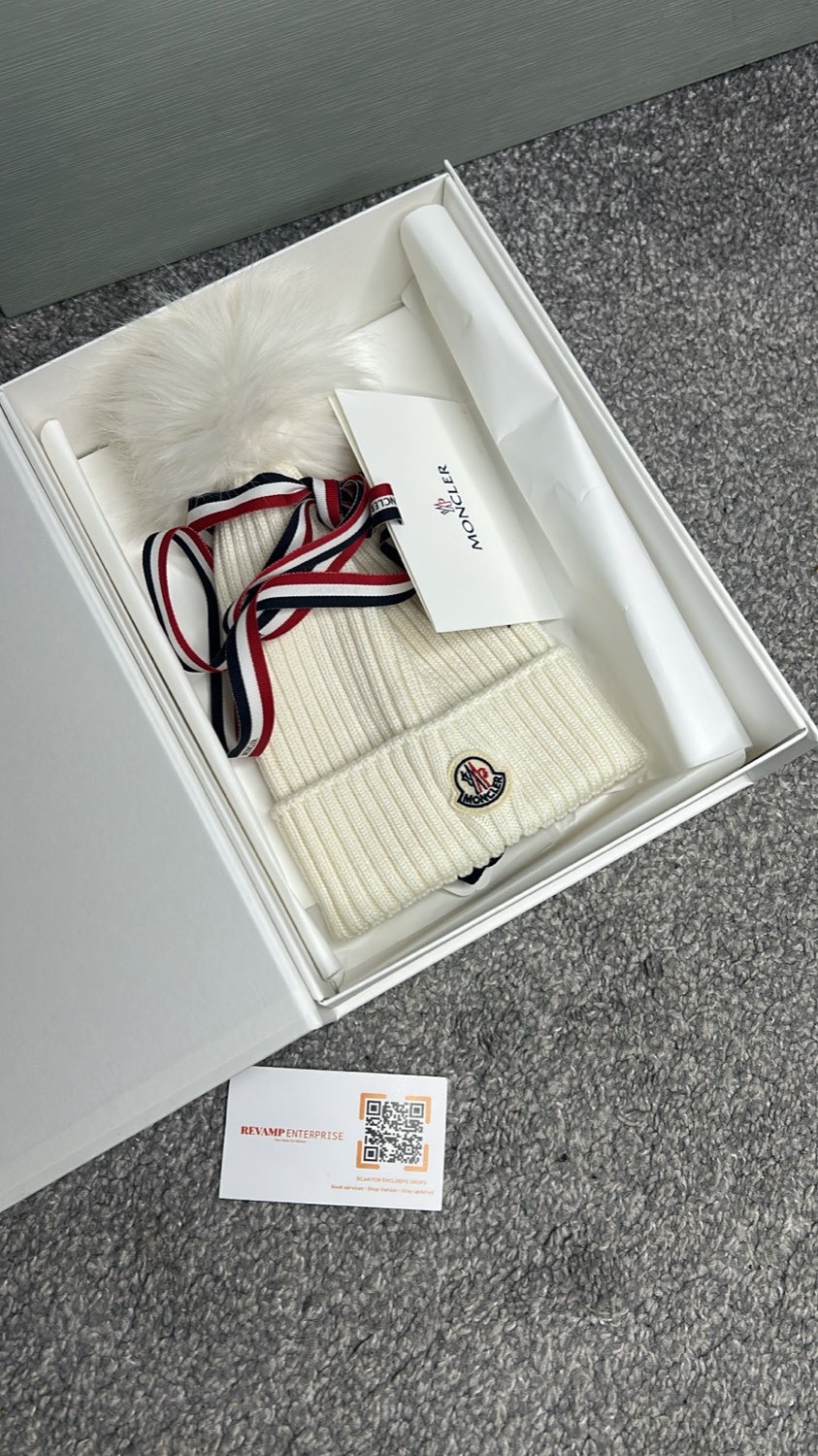 White Moncler bobble hat in its gift box