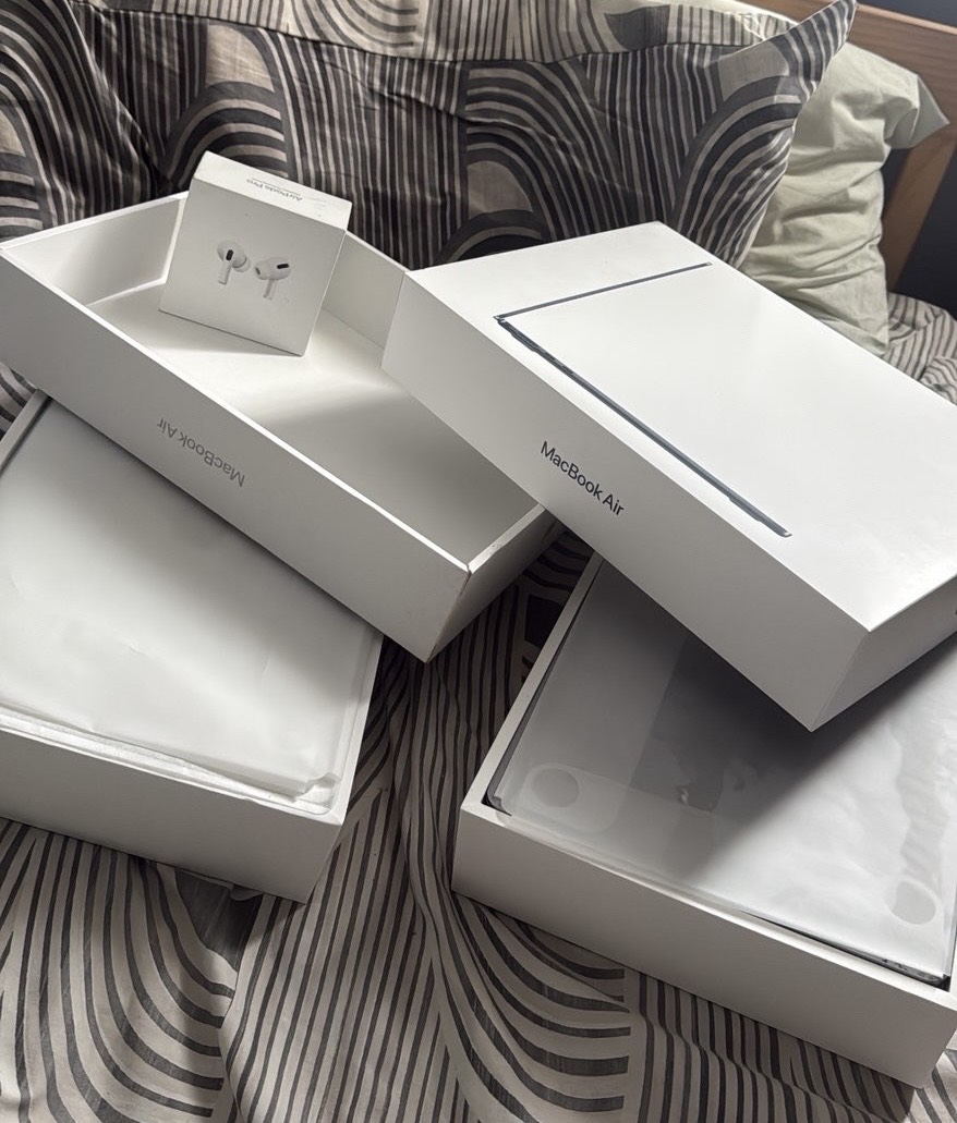 MacBook Air boxes and AirPods